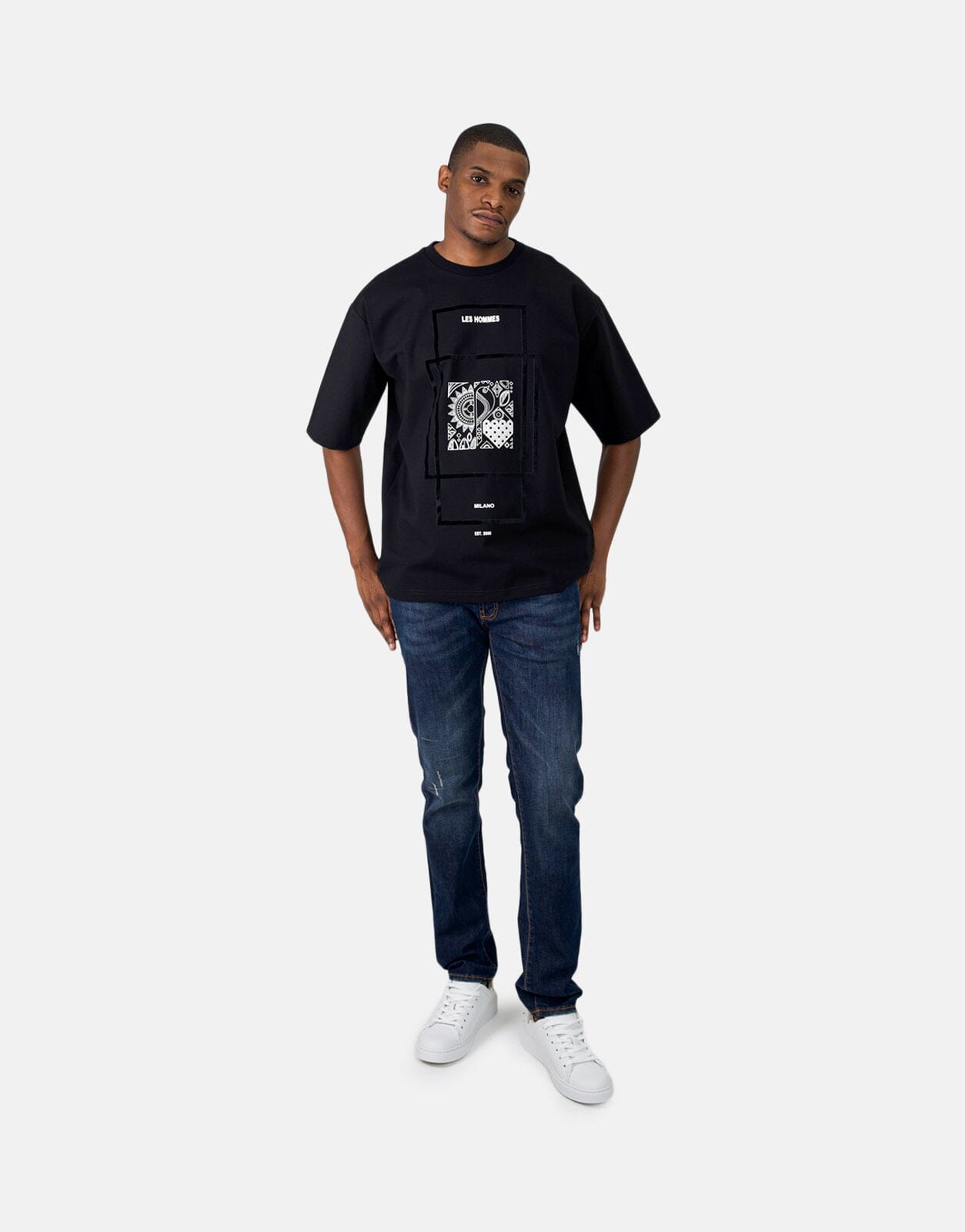 Les Hommes Flock Print Oversized Black T-Shirt - Les Hommes