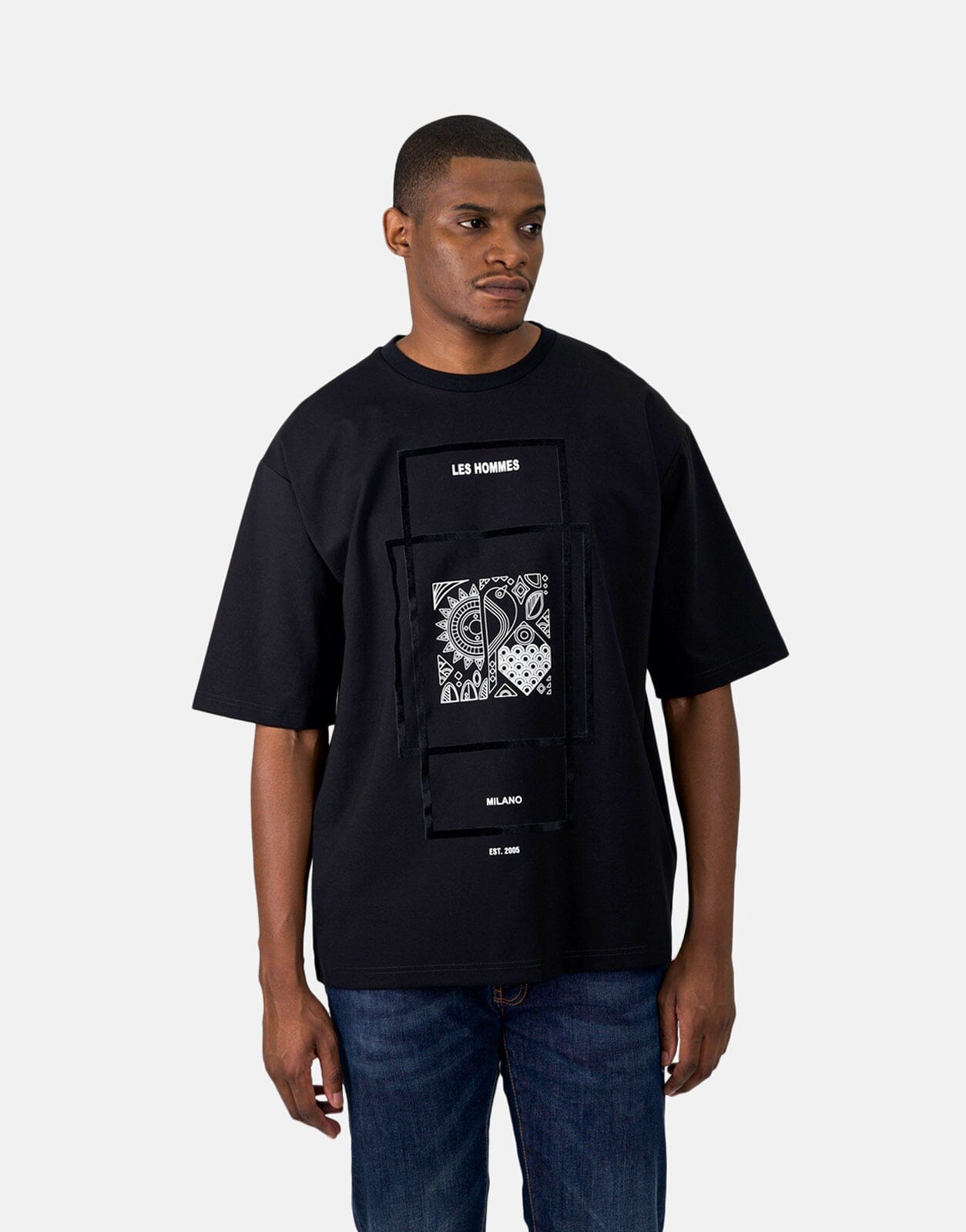 Les Hommes Flock Print Oversized Black T-Shirt - Les Hommes