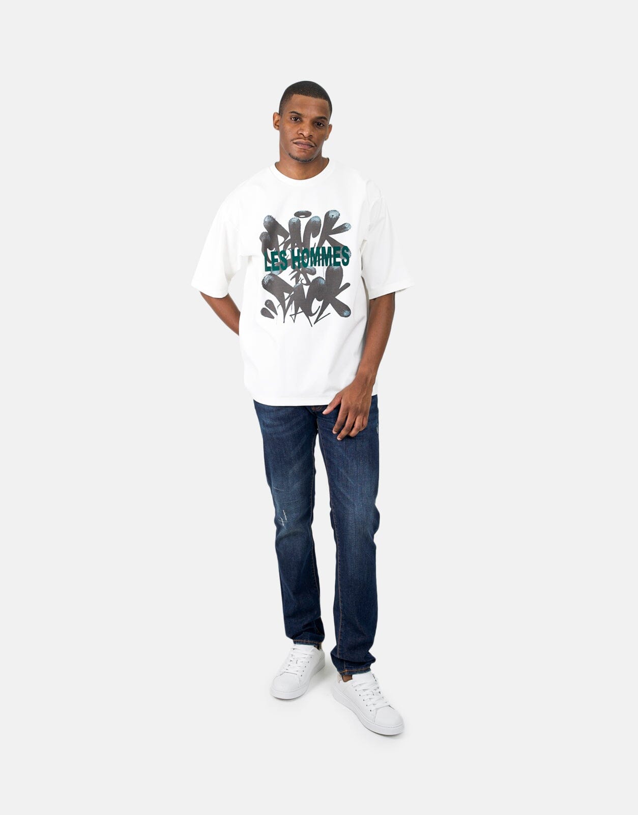 Les Hommes Flock Grafiti Print White T-Shirt - Les Hommes