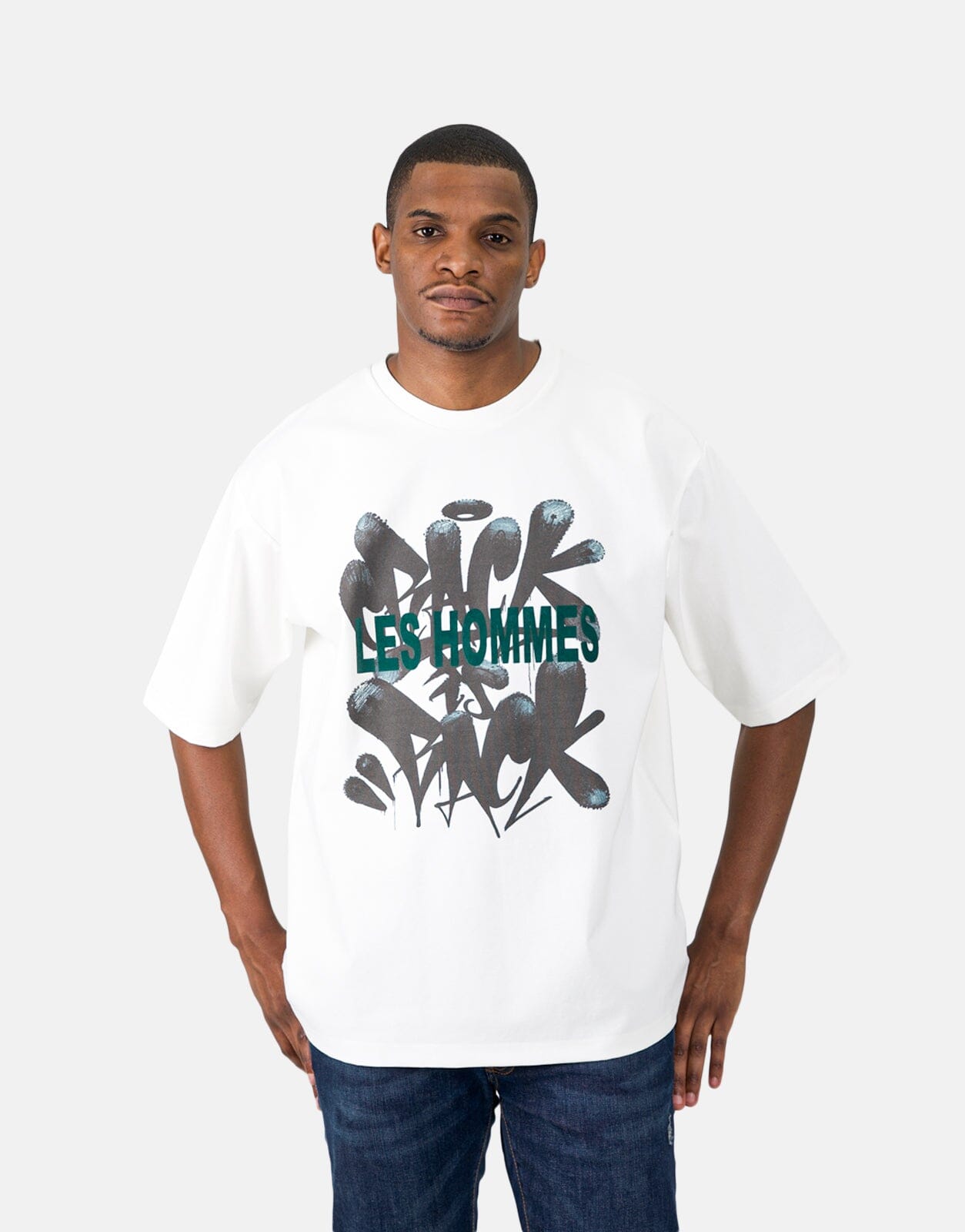 Les Hommes Flock Grafiti Print White T-Shirt - Les Hommes