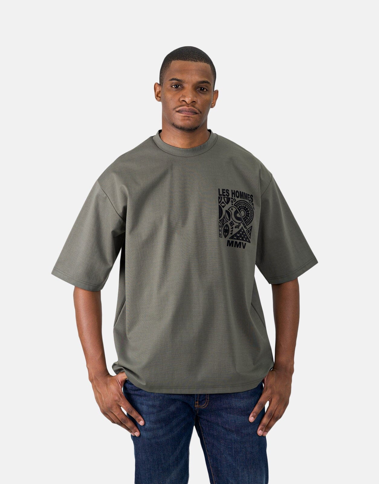 Less Hommes Flock Logo Mil Green T-Shirt - Les Hommes