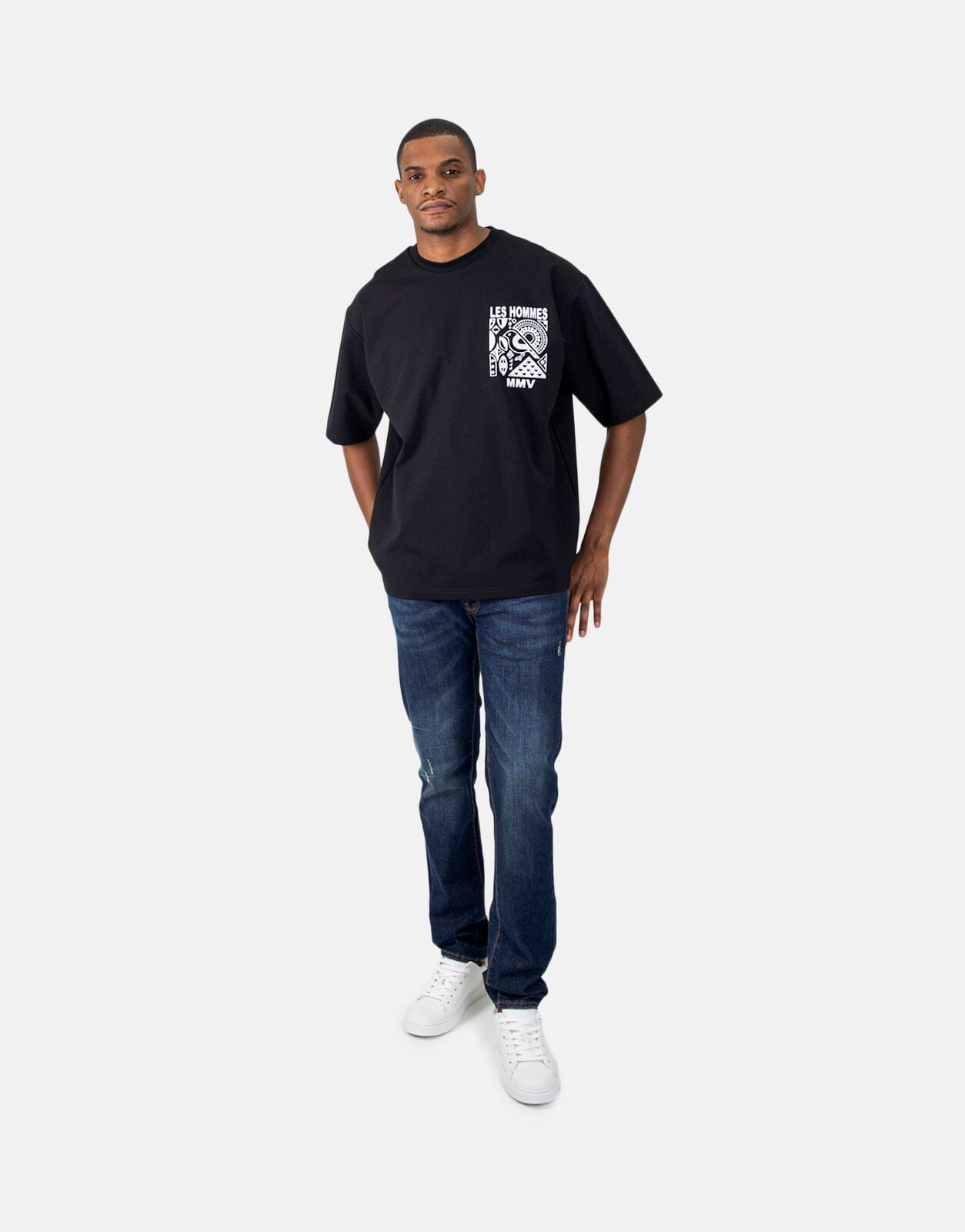 Les Hommes Flock Logo Black T-Shirt - Les Hommes