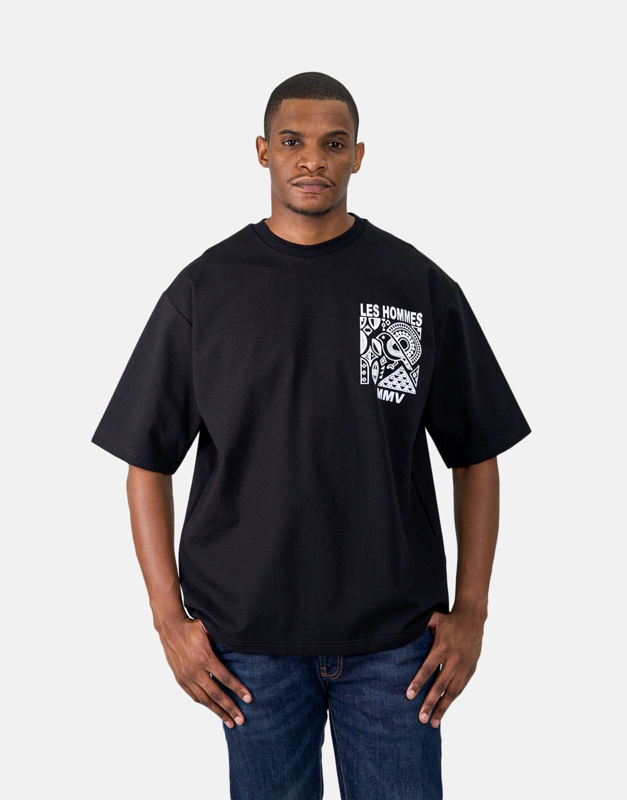 Les Hommes Flock Logo Black T-Shirt - Les Hommes