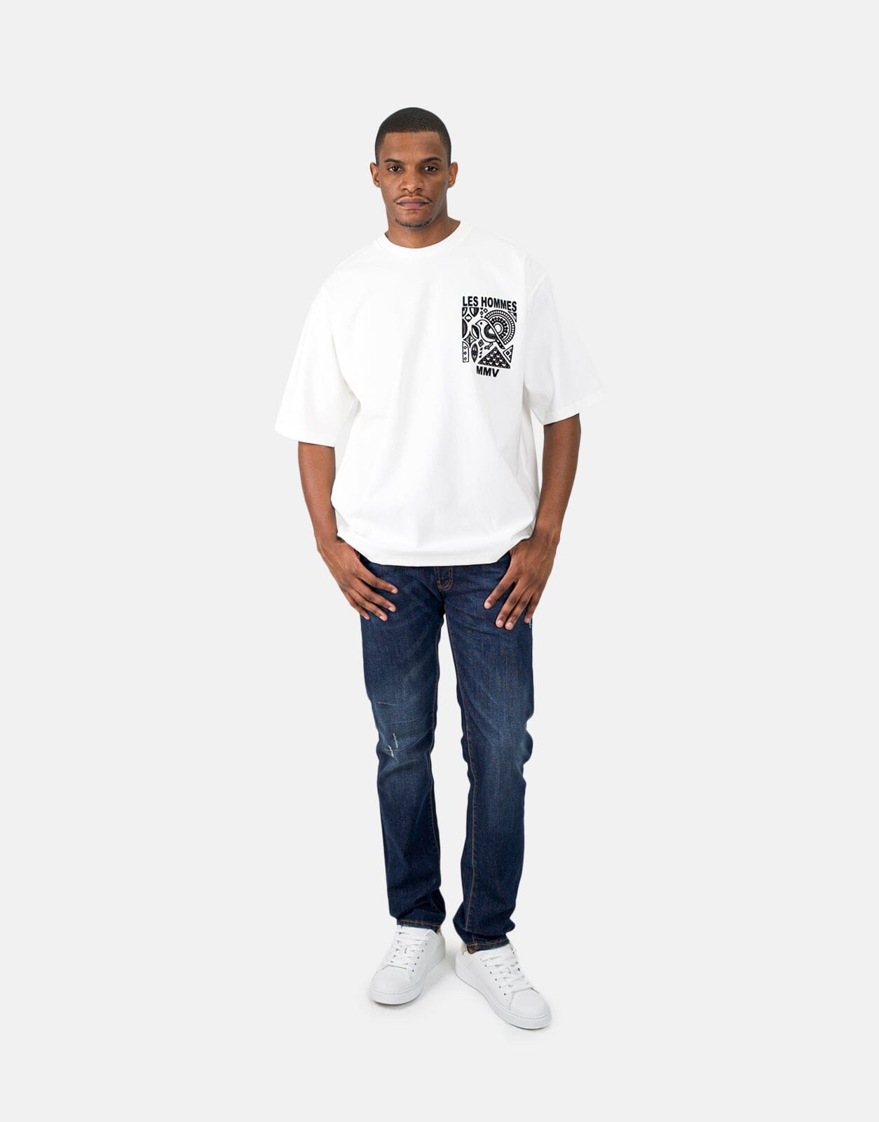 Less Hommes Flock Logo White T-Shirt - Les Hommes