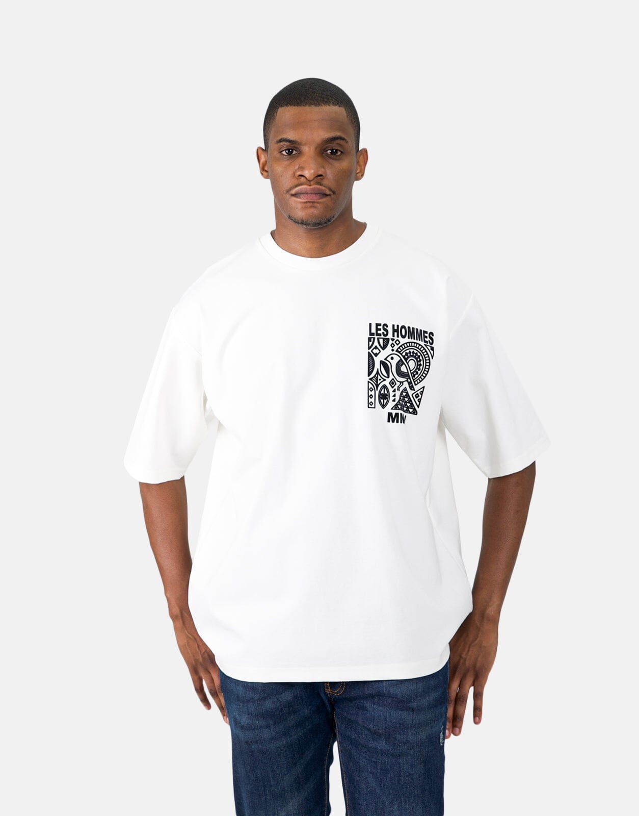 Less Hommes Flock Logo White T-Shirt - Les Hommes