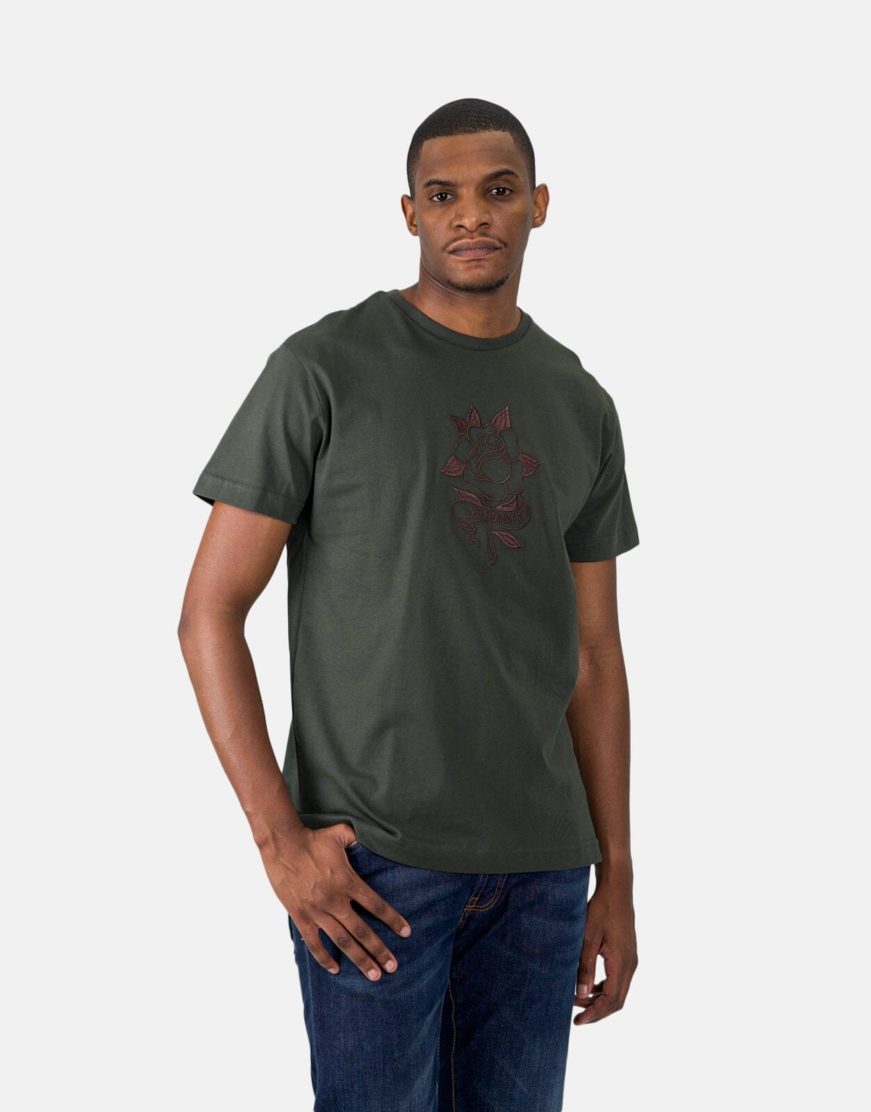 Les Hommes Embroidery Mil Green T-Shirt - Les Hommes