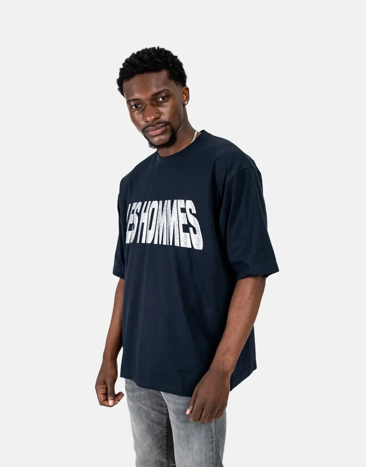 Les Hommes Glitter Print Navy T-Shirt Les Hommes