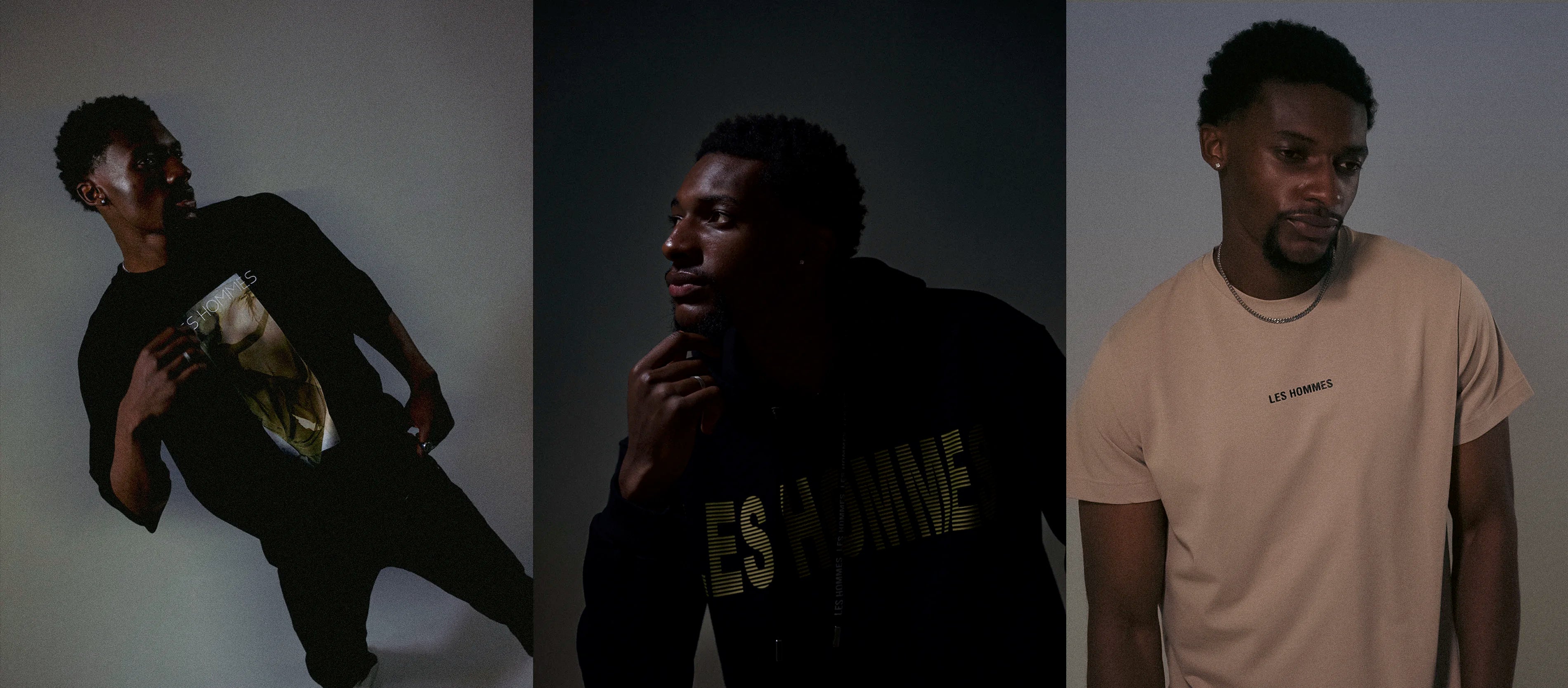 Three different poses of a person wearing various Les Hommes apparel .
