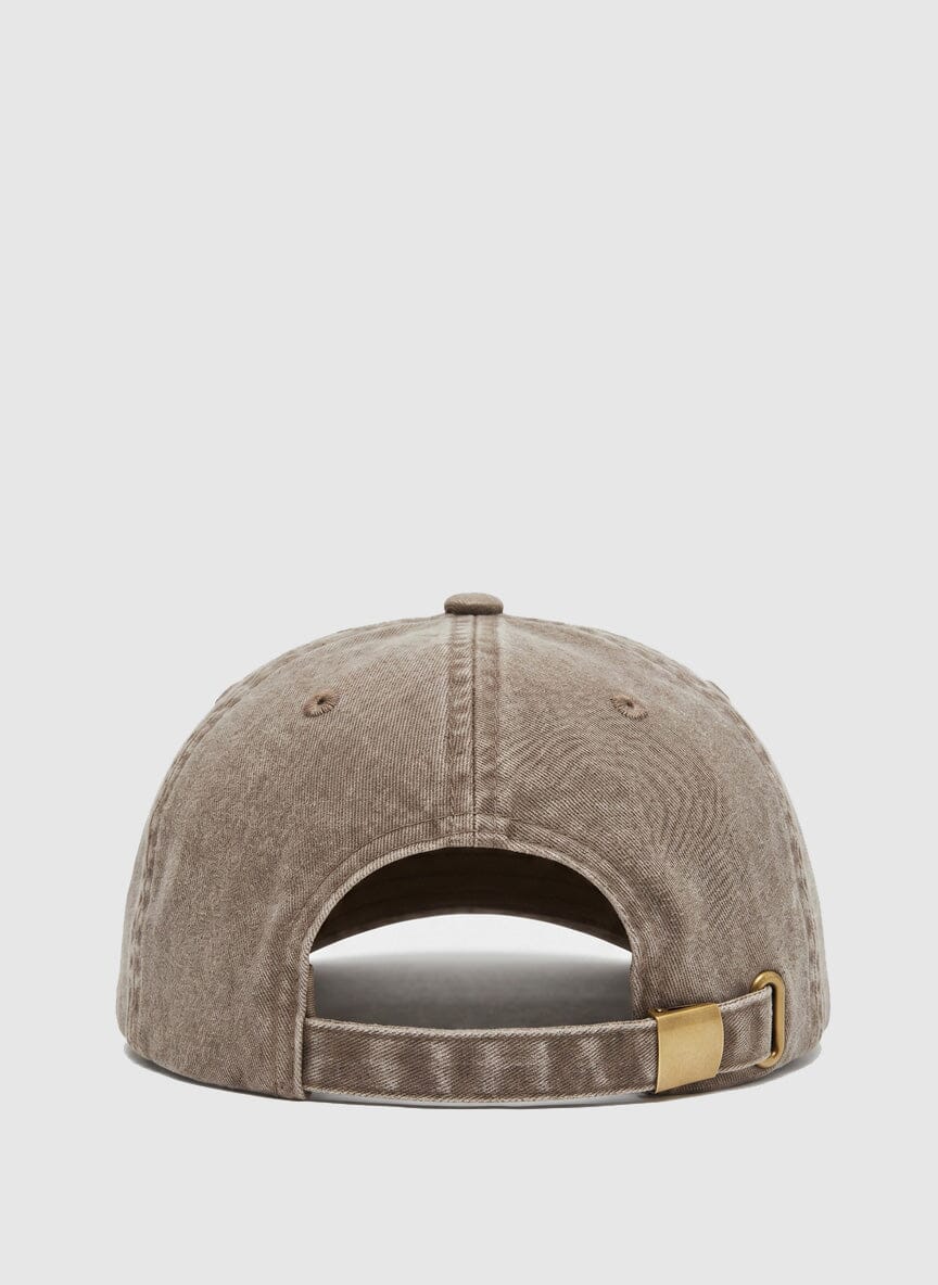 Les Hommes brown cap shown from the rear with an adjustable strap and brass buckle