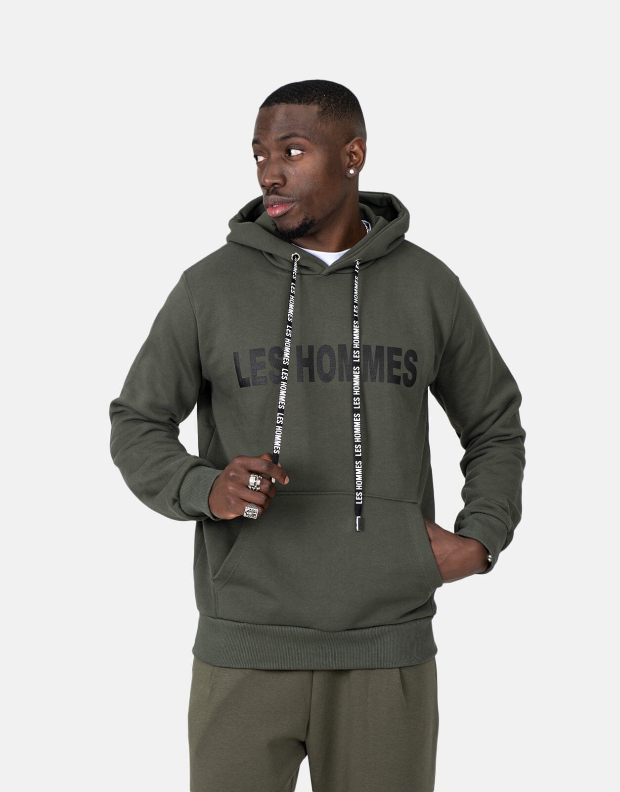 Les Hommes Chest Font Military Green Hoodie - Les Hommes