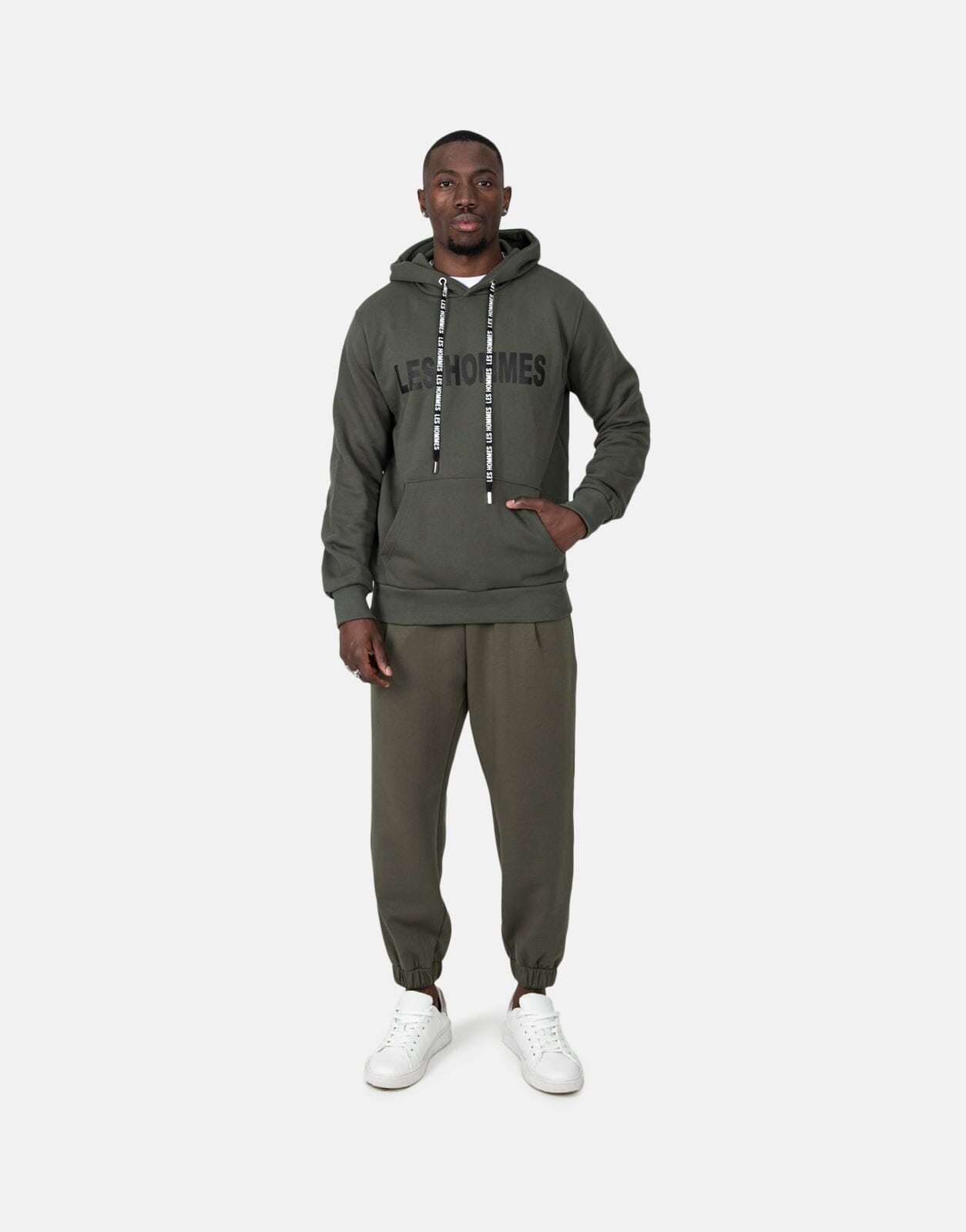 Les Hommes Chest Font Military Green Hoodie - Les Hommes