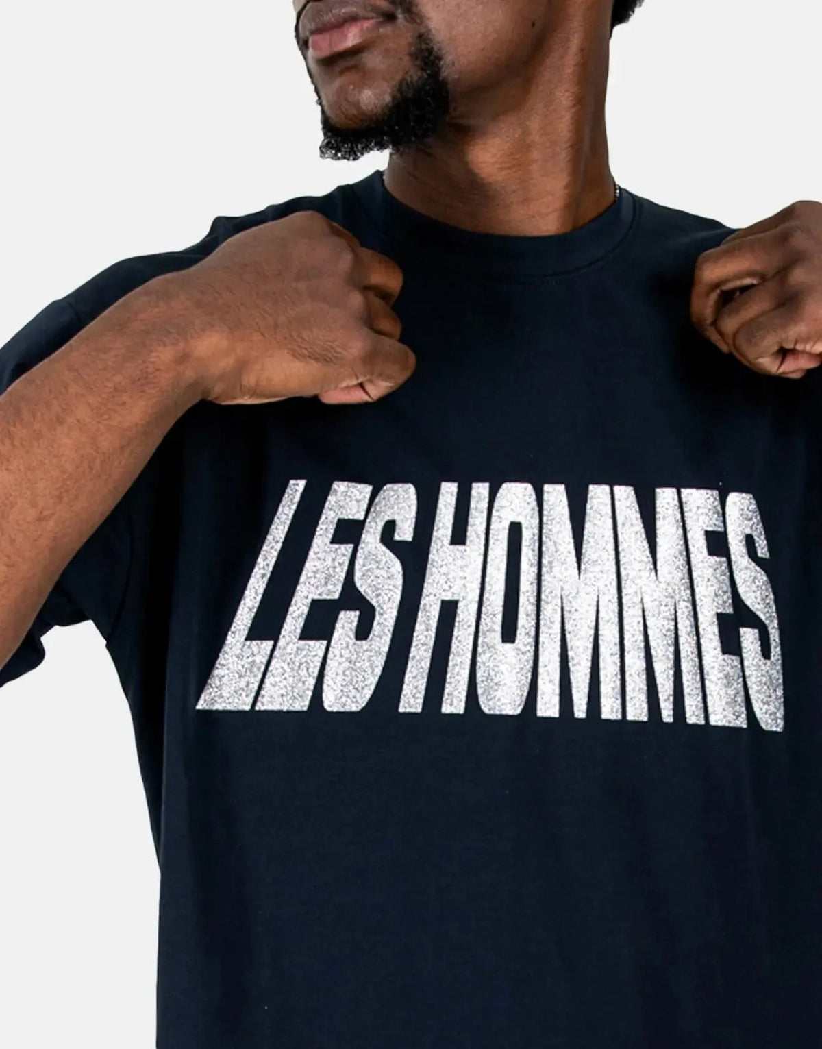 Les Hommes Glitter Print Navy T-Shirt Les Hommes