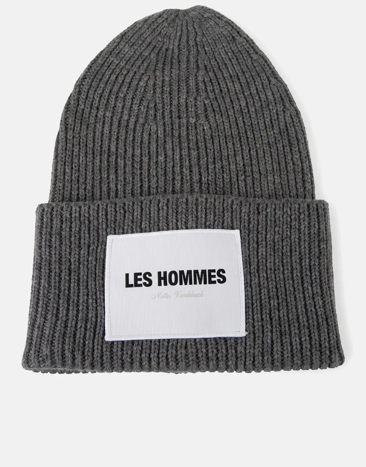 grey ribbed knit beanie with folded cuff and white label reading Les Hommes
