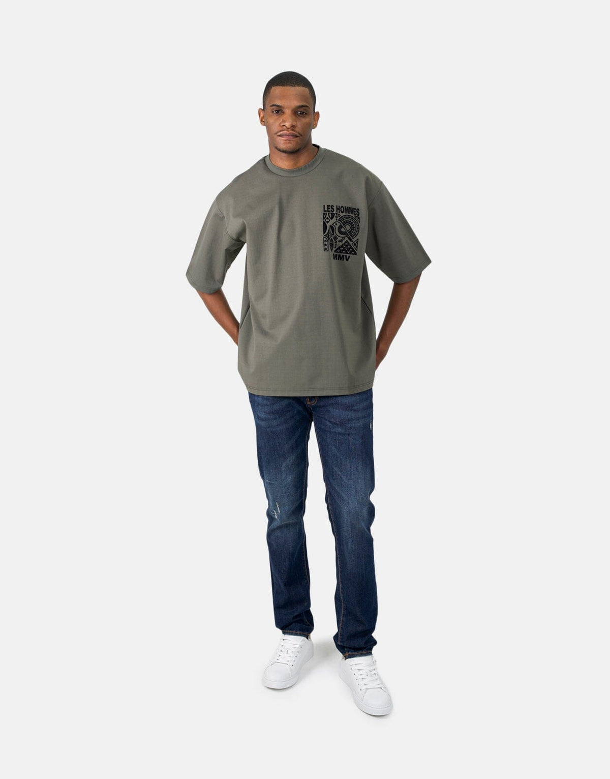 Less Hommes Flock Logo Mil Green T-Shirt - Les Hommes