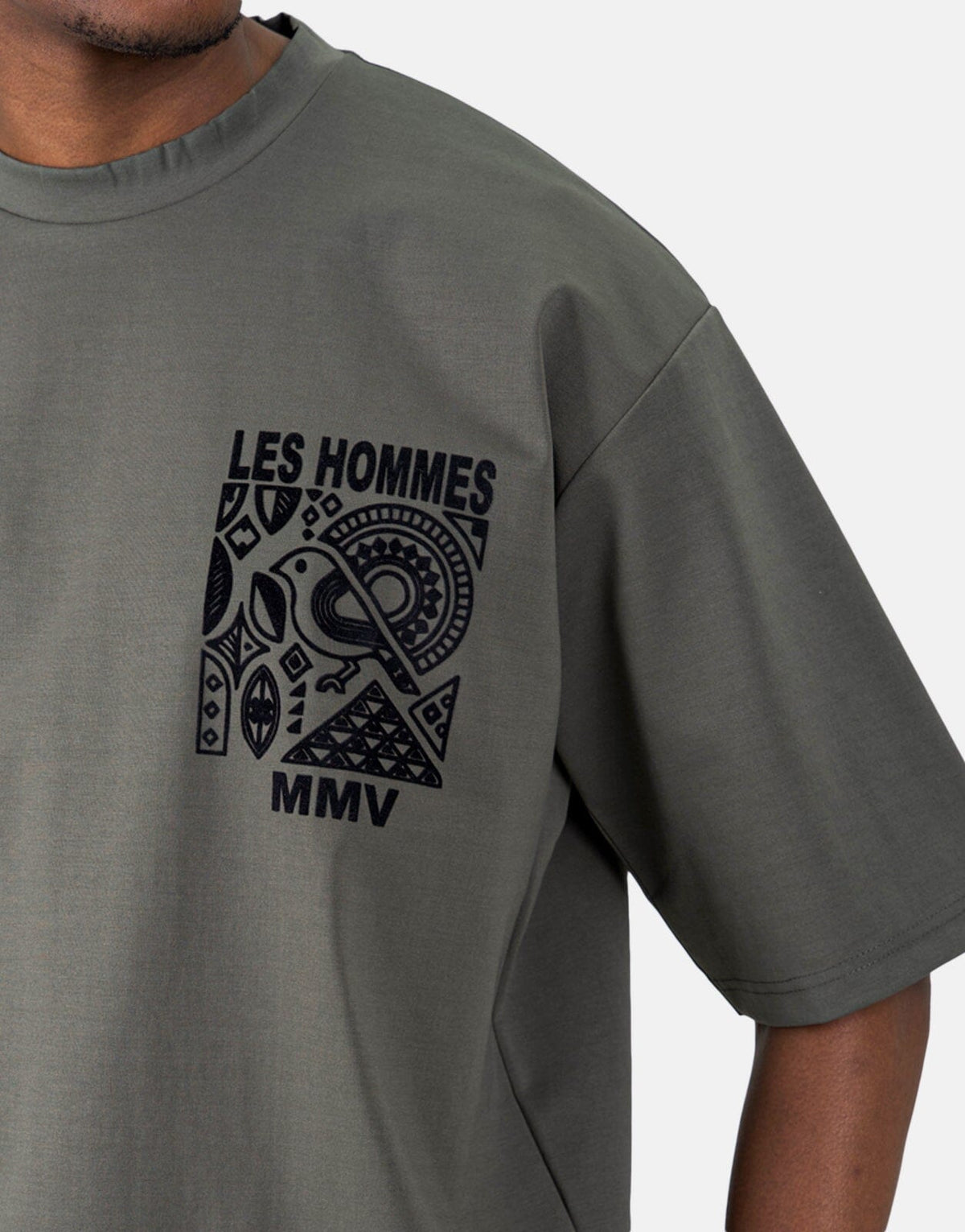 Less Hommes Flock Logo Mil Green T-Shirt - Les Hommes